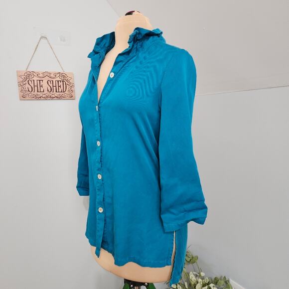 Soft Surroundings Teal Ruffle Collar Button Front Tunic Top Button Back Detail S - Picture 3 of 11
